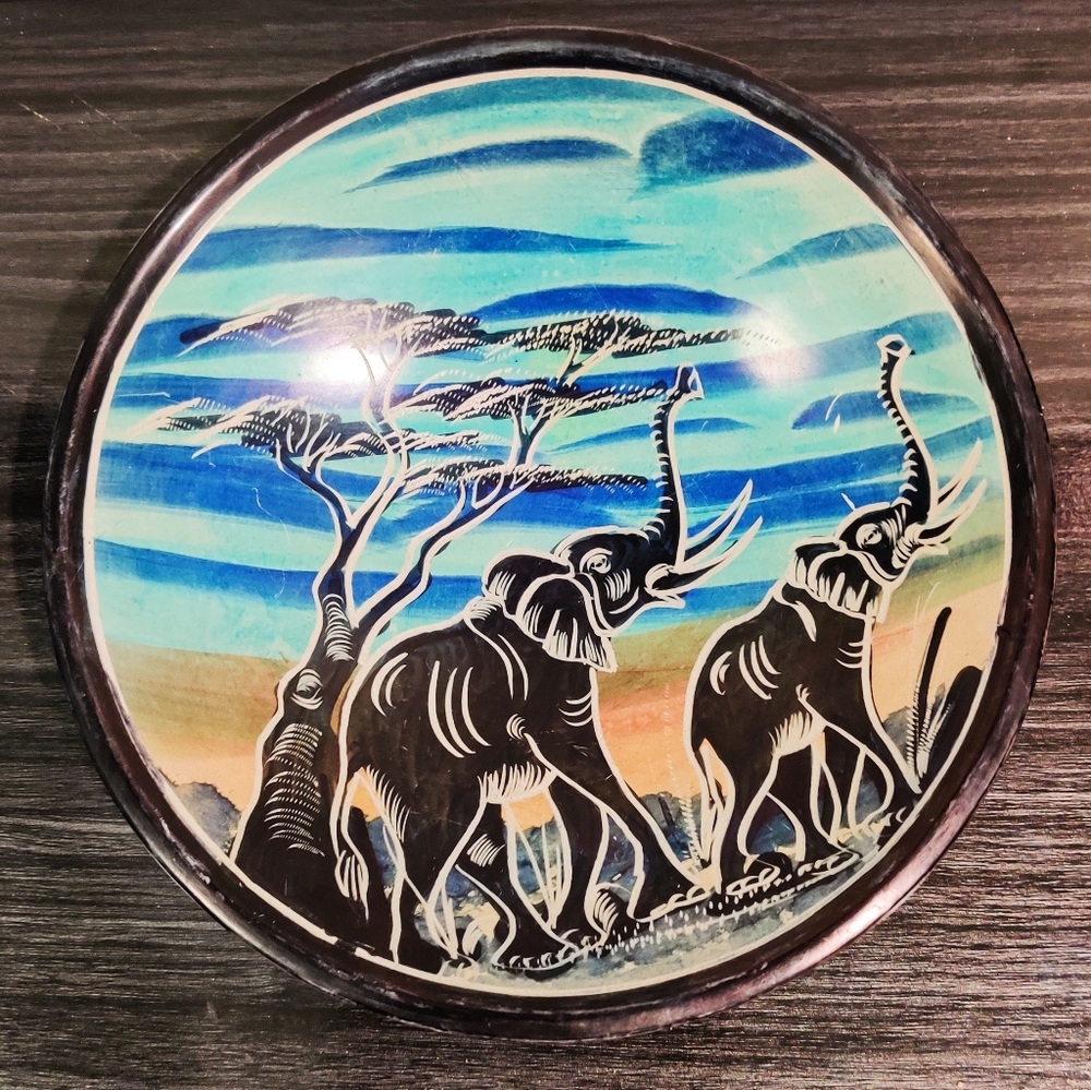 Vintage Soapstone Hand Painted Elephant Plate Trinket Dish 8” Art of Kisi Africa